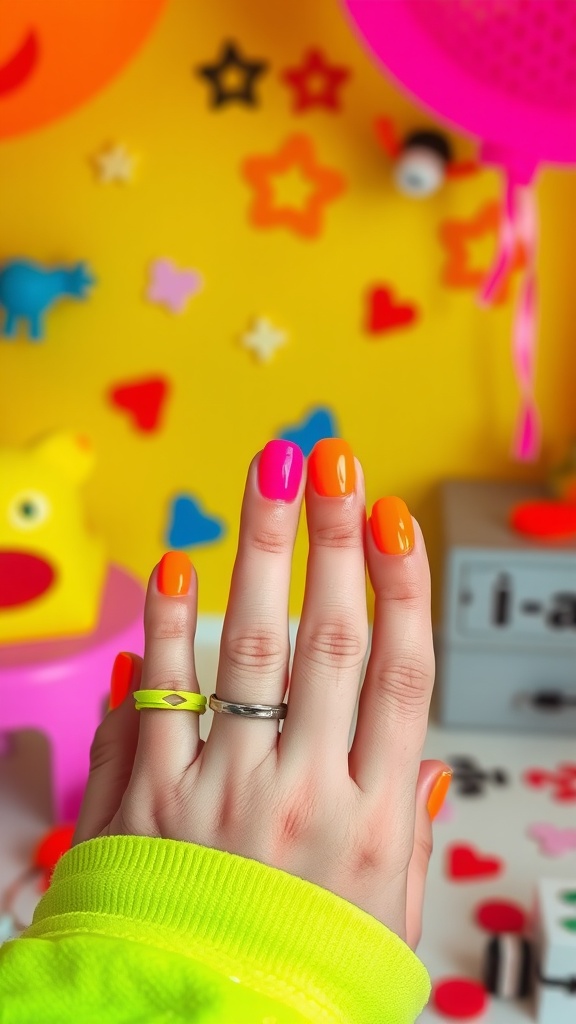 A hand with bright neon nail polish in pink, orange, and yellow colors, with colorful decorations in the background.