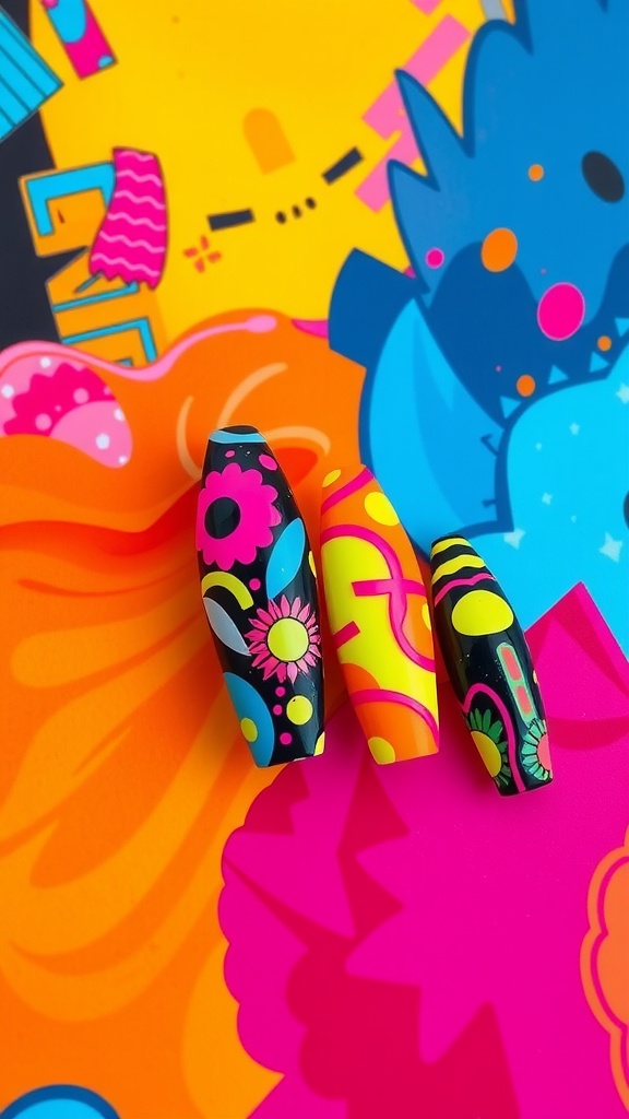 Nails with bright neon colors and abstract patterns on a colorful background