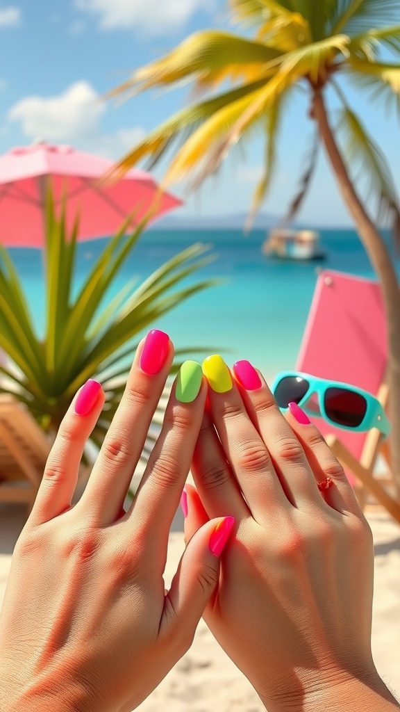 Close-up of hands with bright neon nails in pink, green, and yellow, set against a beach background.