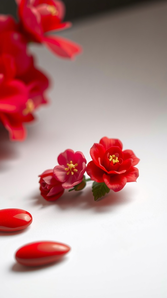 Bright red almond nails with 3D floral decorations