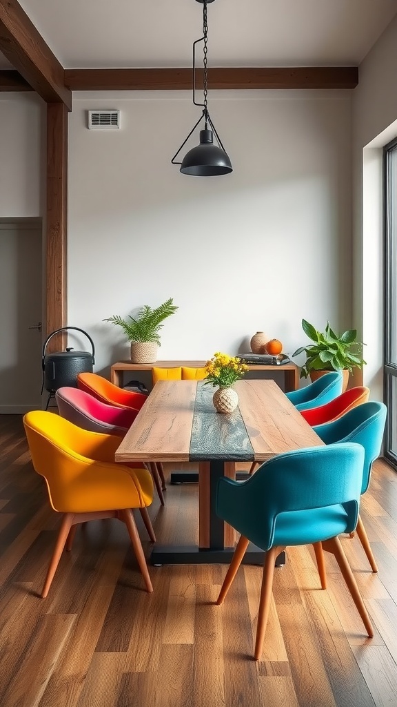 A modern dining area featuring brightly colored chairs in orange, red, and turquoise around a wooden table, with plants and decorative items.
