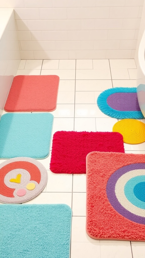 Colorful bath mats in a kids' bathroom, including various shapes and vibrant colors on a tiled floor.