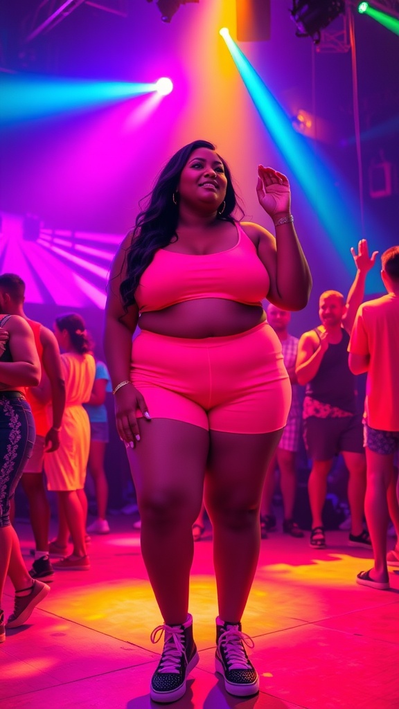A person wearing a bright pink co-ord outfit at a rave, surrounded by colorful lights and other partygoers.