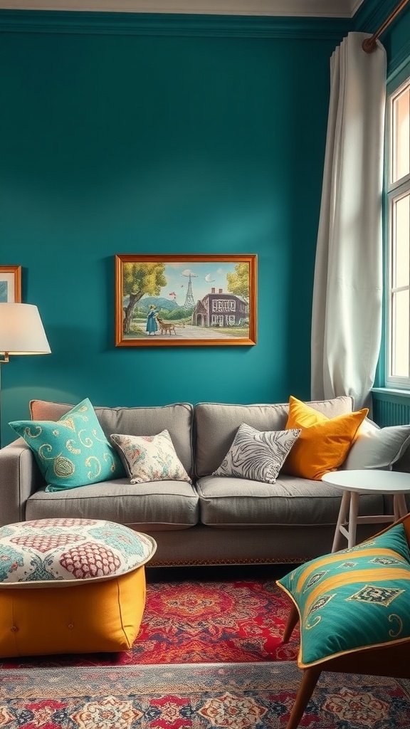A cozy living room with teal walls, a gray sofa adorned with brightly colored cushions, and a vibrant patterned rug.