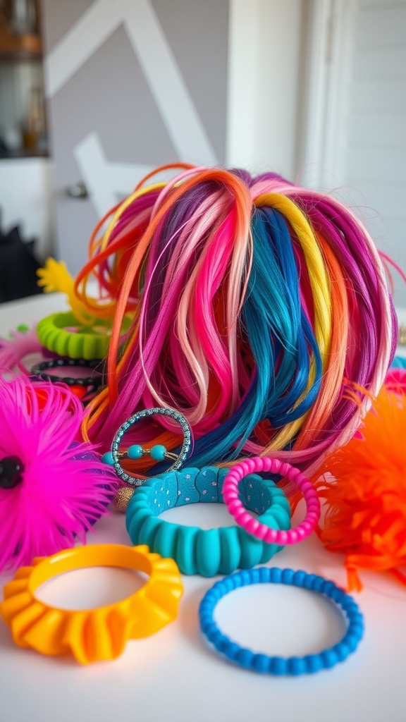 A colorful collection of hair accessories including wigs, hair ties, and fluffy decorations.