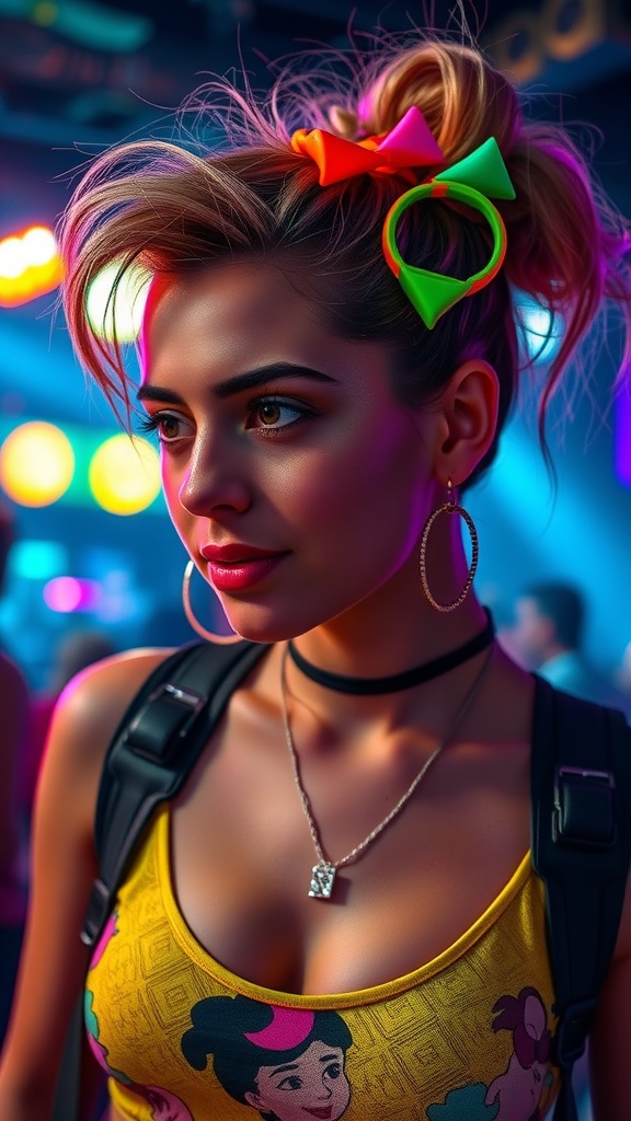 A woman with brightly colored hair clips in her hair, showcasing a Y2K-inspired outfit.