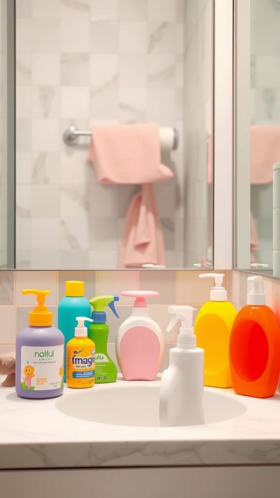 A colorful collection of kids' toiletries on a bathroom sink, showcasing various playful bottles and a pink towel.