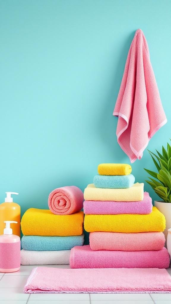 Brightly colored towels stacked in a kids' bathroom with soap dispensers and a plant.