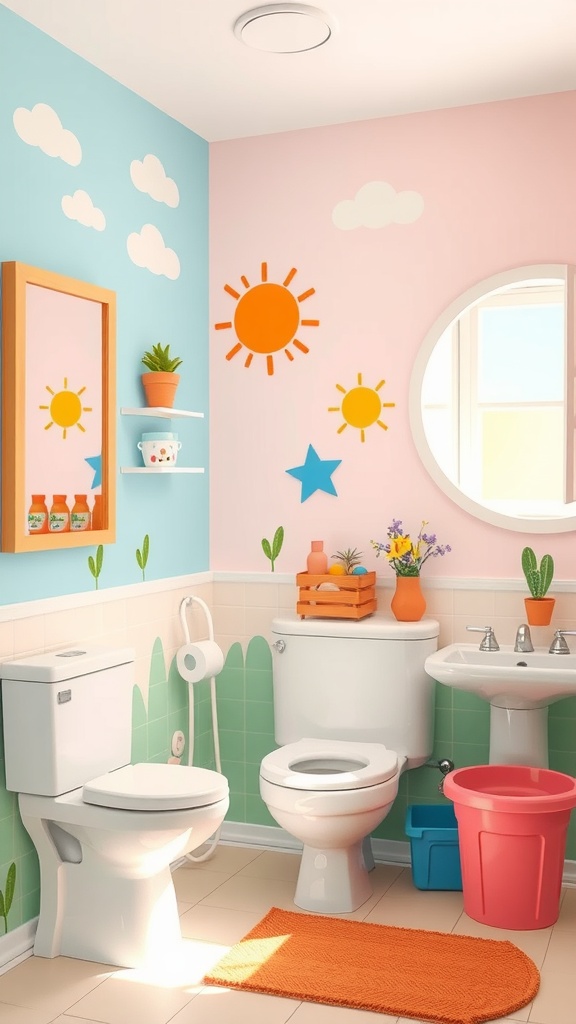 Colorful kids bathroom with bright blue and pink walls, sun and cloud decals, and playful decor.