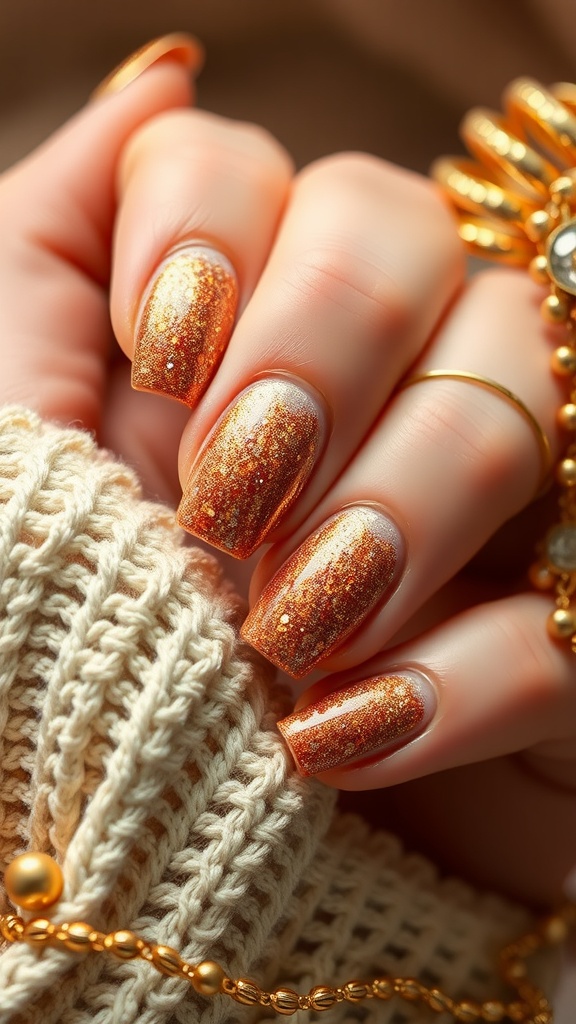 A hand showing off bronze glitter gradient nails on a knitted fabric background.
