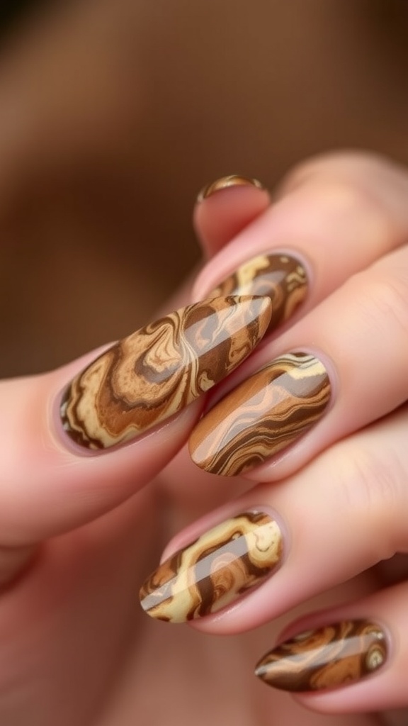 Close-up of hands with brown marble nail art, featuring swirls of rich browns and cream.