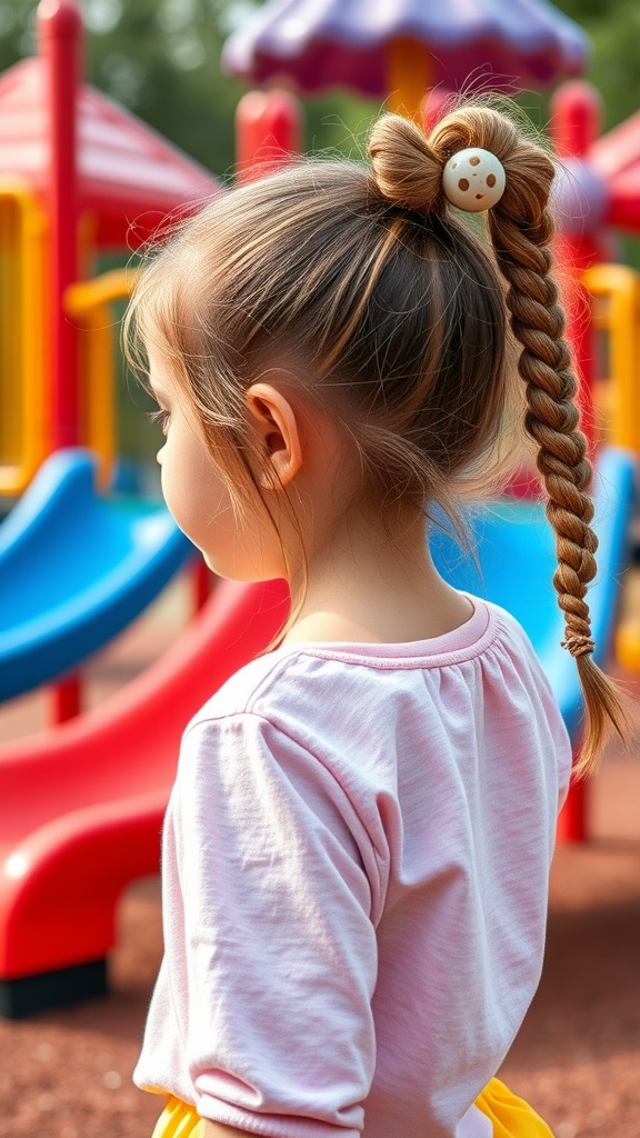 A young girl with a bubble ponytail hairstyle, standing near a colorful playground