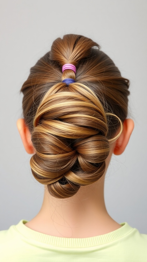 A bubble ponytail hairstyle with colorful hair ties.