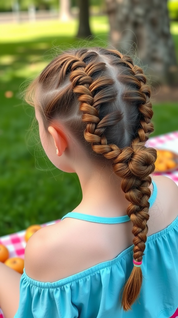 A girl with a bubble ponytail made of braids, showcasing a stylish hairstyle.