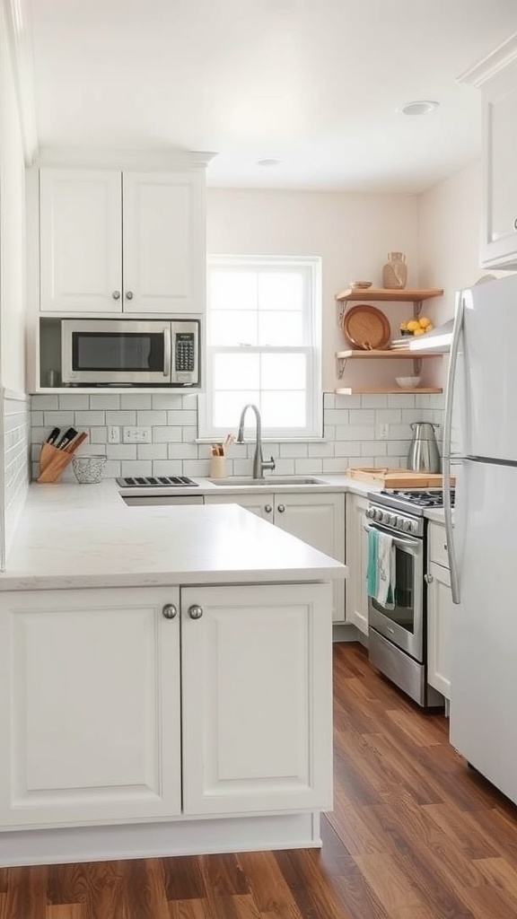 A small, modern kitchen featuring white cabinets, open shelves, and a clean countertop.