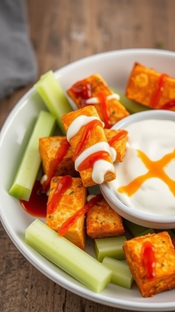 Buffalo-style air fryer tofu with celery and dipping sauce