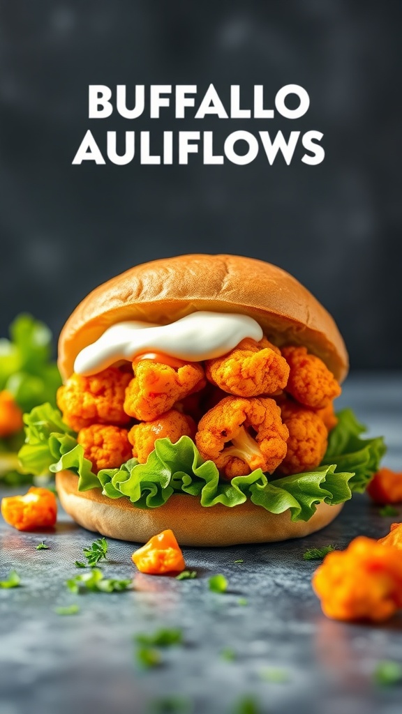 A delicious buffalo cauliflower sandwich with lettuce and creamy dressing.