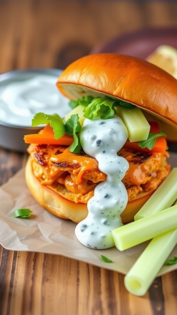A delicious buffalo turkey burger with blue cheese dressing and fresh toppings.