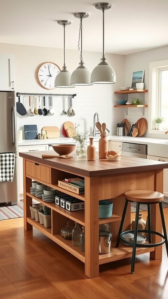 A wooden kitchen island with open shelving, stools, and pendant lights in a cozy kitchen.