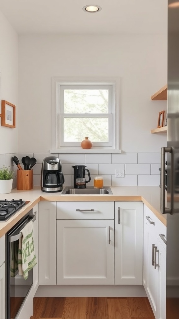 A small kitchen featuring built-in nooks, open shelving, and a functional coffee station.