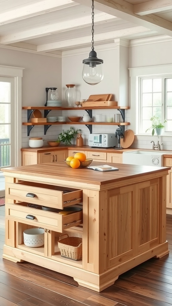 A rustic farmhouse kitchen island with built-in storage, featuring wooden drawers and open shelves, styled with fresh oranges on top.