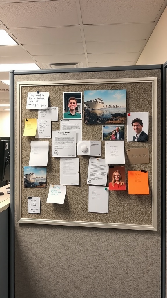 A bulletin board in an office cubicle with notes, photos, and reminders.