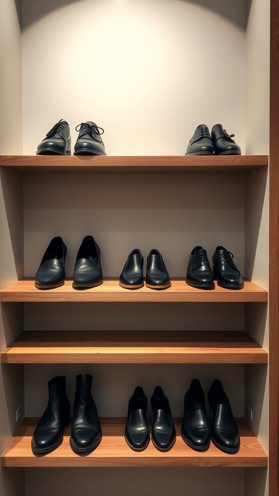 A neatly arranged display of various black footwear options suitable for business casual attire.