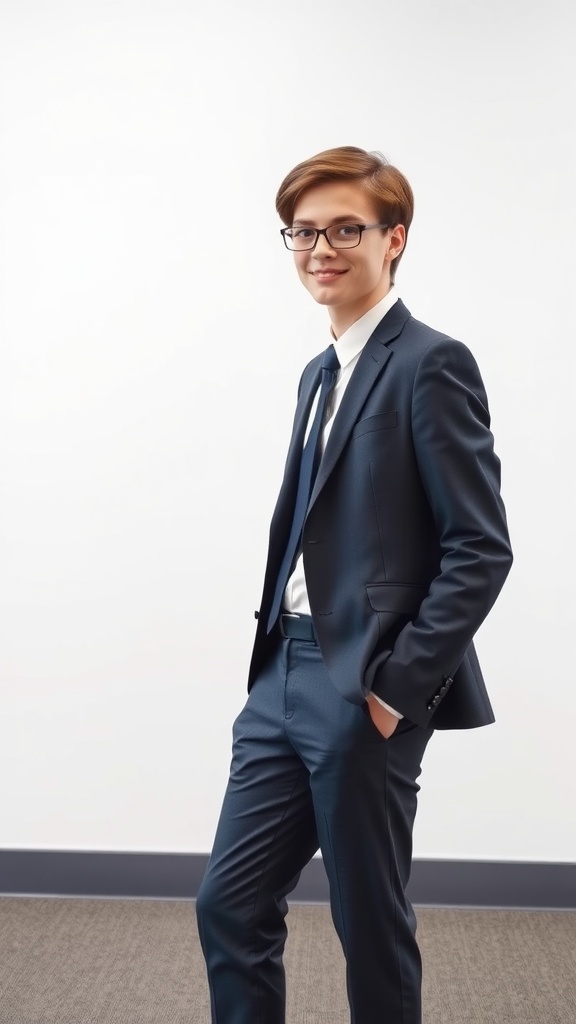 A student in a navy business suit with glasses, smiling confidently against a plain background.