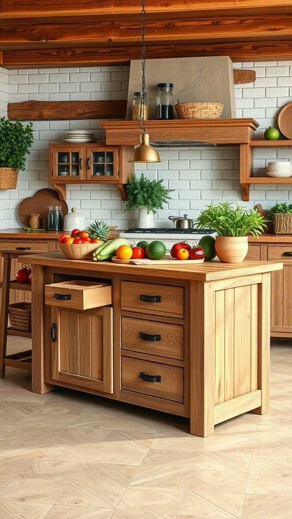A rustic farmhouse kitchen island with butcher block countertops, adorned with fresh fruits and herbs.