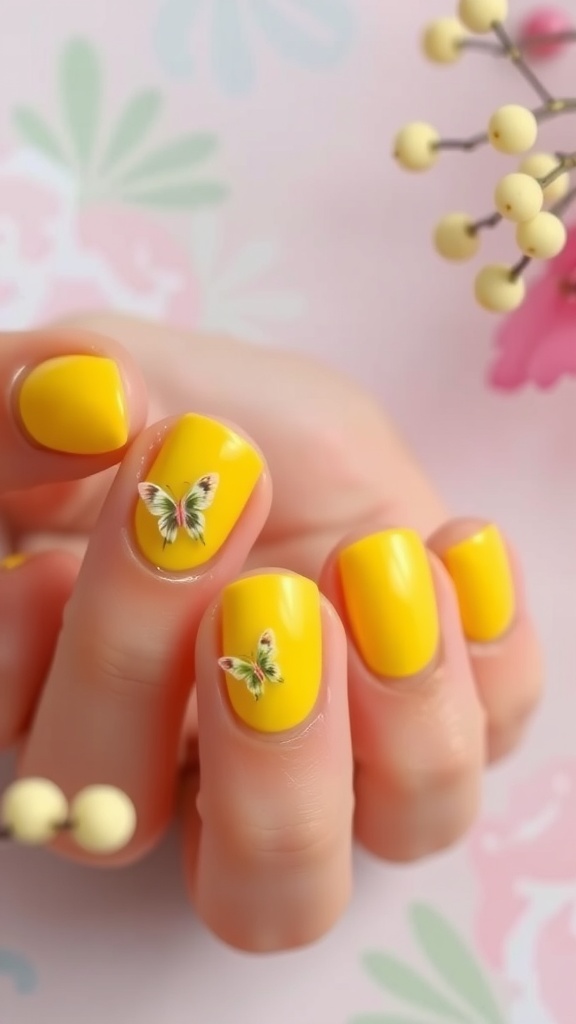 Bright yellow almond nails with butterfly accents