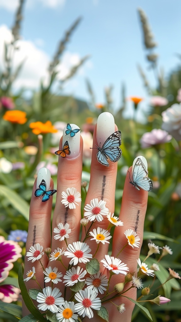 Nails decorated with butterflies and flowers in a summer setting.