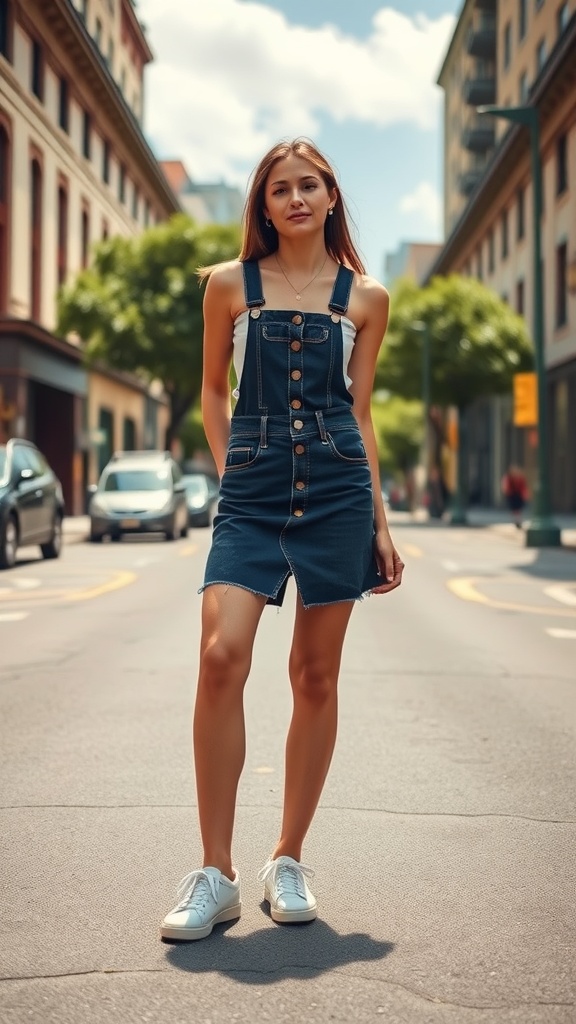 A young woman standing on a city street in a button-up denim skirt and white sneakers, with buildings and trees in the background.