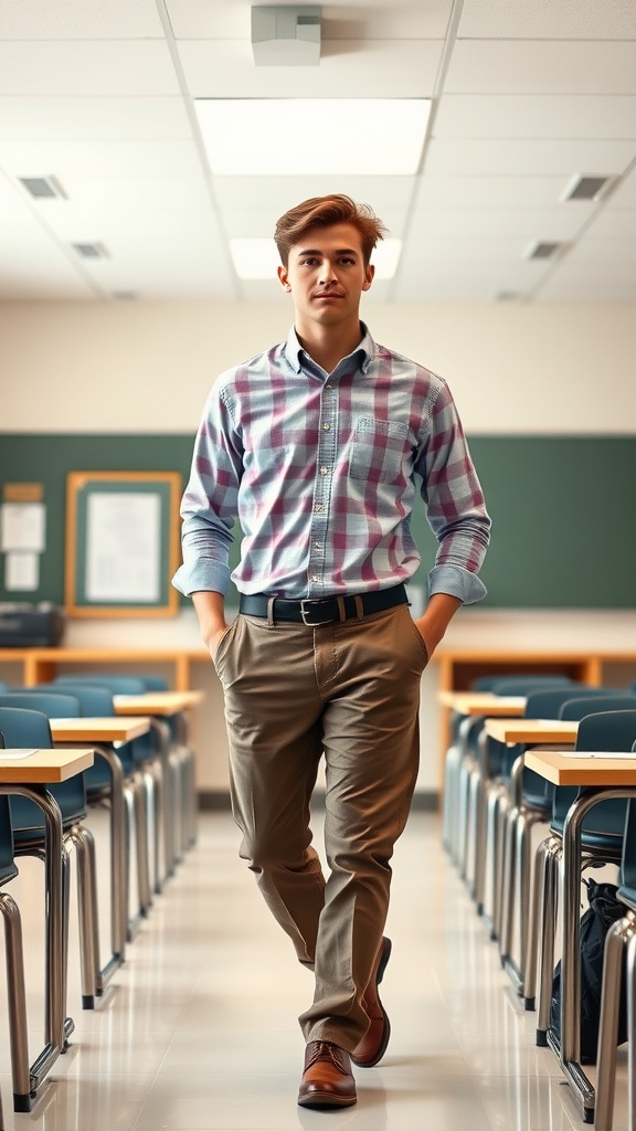 A student in a button-up shirt and chino pants walking down a school corridor.