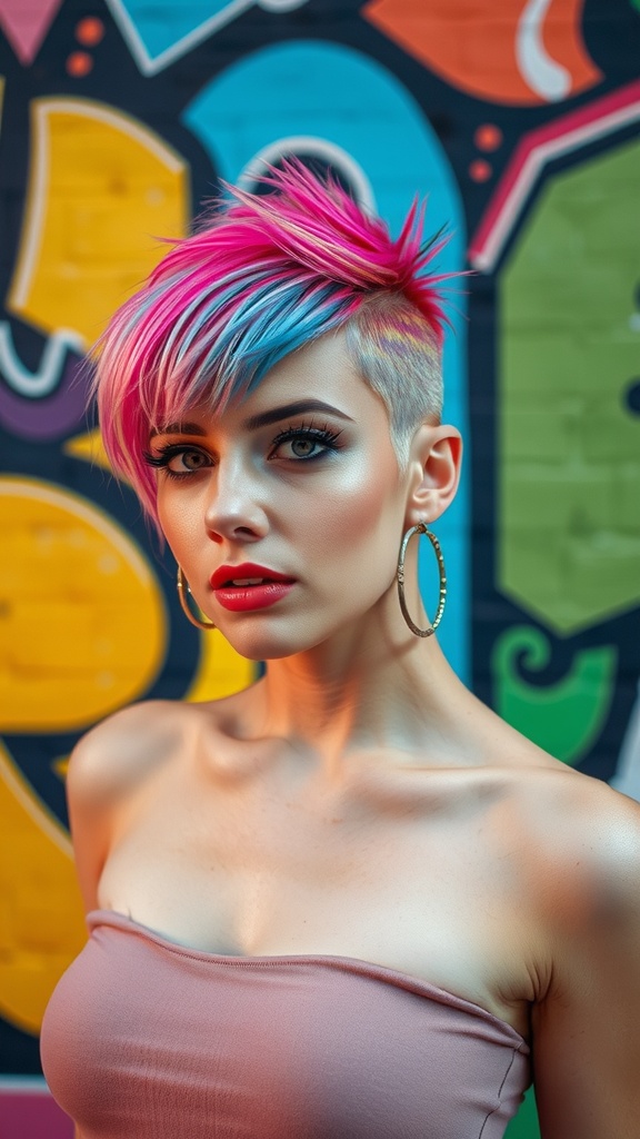 A woman with a buzz cut featuring vibrant pink and blue colors, showcasing a bold and playful hairstyle.