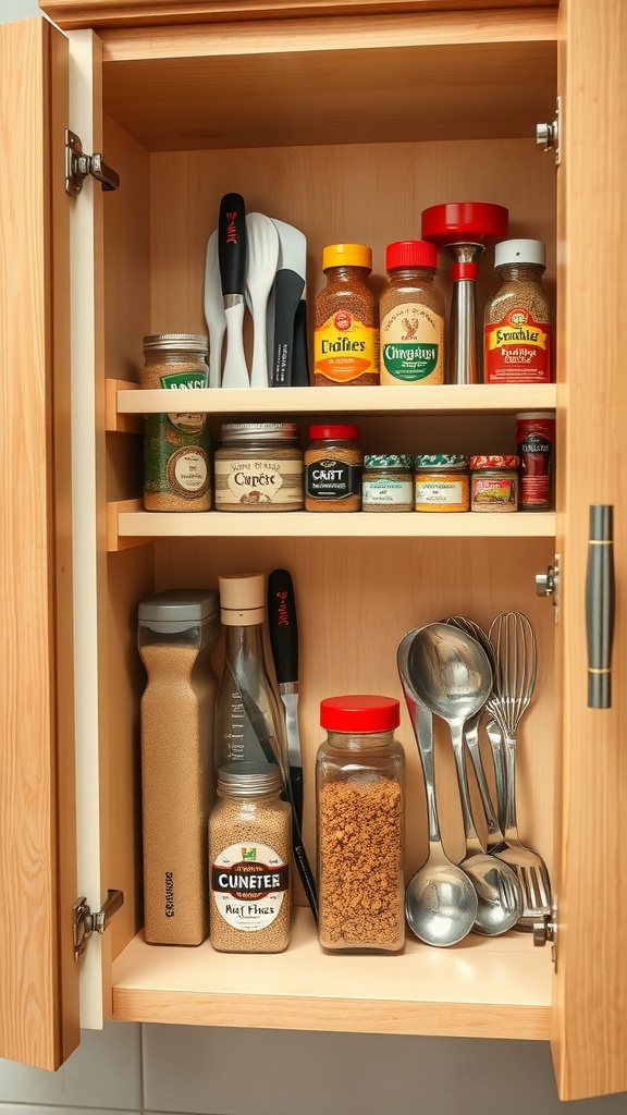 A well-organized kitchen cabinet showcasing spices, utensils, and containers.
