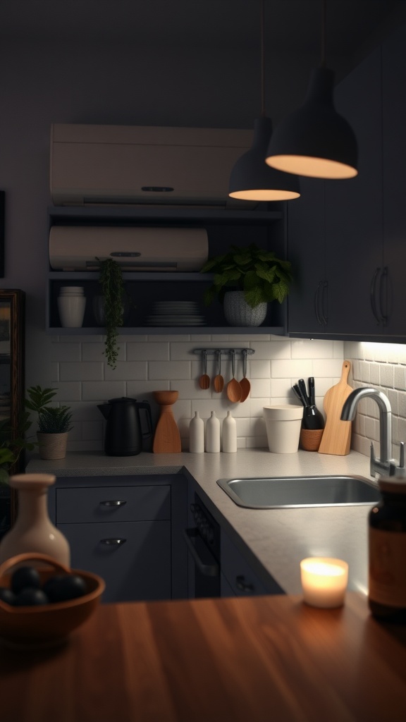 Cozy small kitchen with pendant lighting, plants, and soft glow