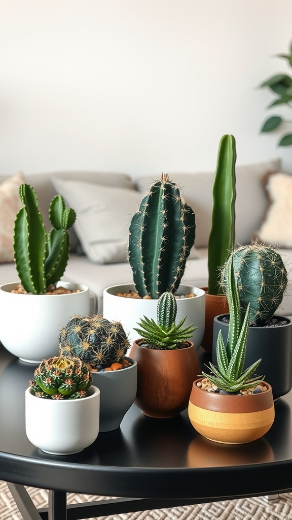 An arrangement of various cacti and succulents in stylish pots on a coffee table.