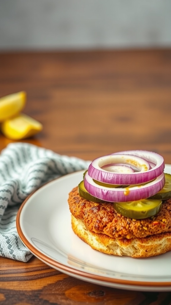 A delicious Cajun-spiced turkey burger with pickles and onions on a plate.