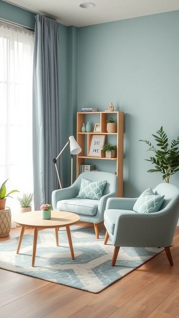 A calming therapy office with blue walls, two cozy chairs, a round table, and plants.