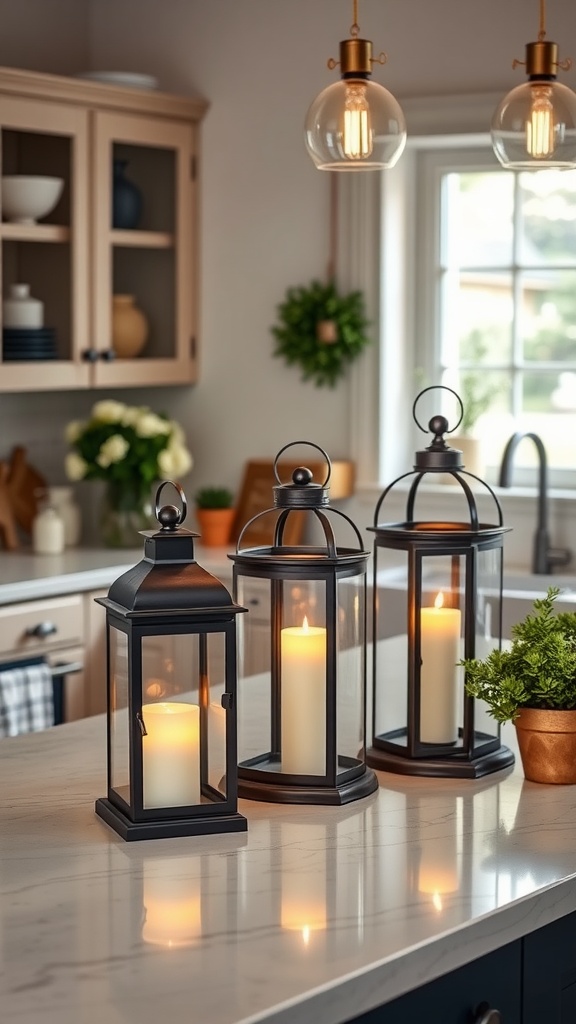 A kitchen island featuring three candle lanterns of varying heights, each with a flickering candle, complemented by a small potted plant.