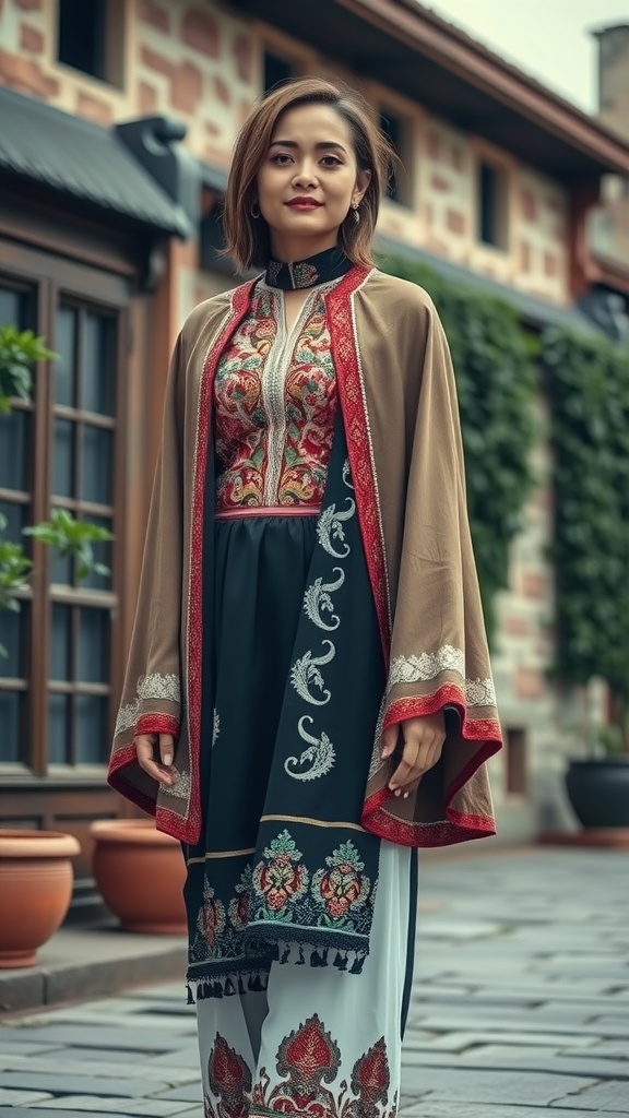 Woman in a stylish cape jacket over an ethnic outfit, showcasing a mix of traditional and modern fashion.