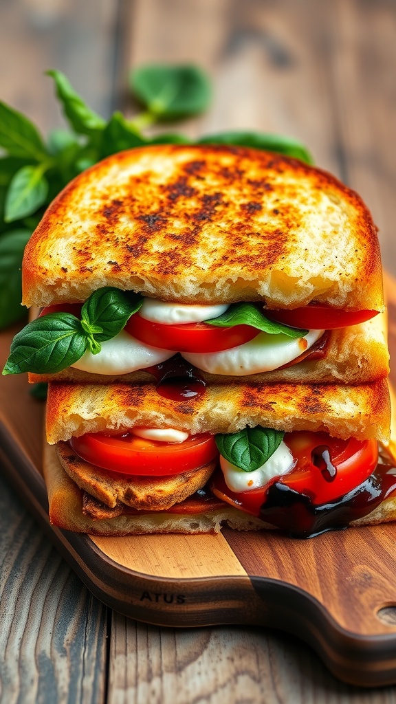 A delicious Caprese Breakfast Panini with tomatoes, mozzarella, and basil.