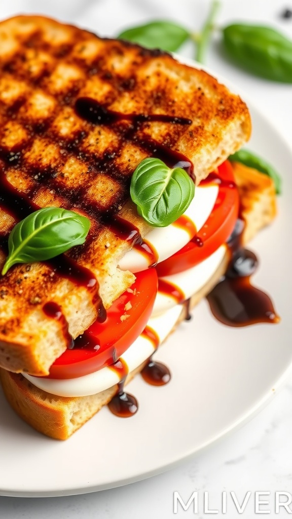 Delicious Caprese Grilled Sandwich with mozzarella, tomatoes, and basil drizzled with balsamic glaze.