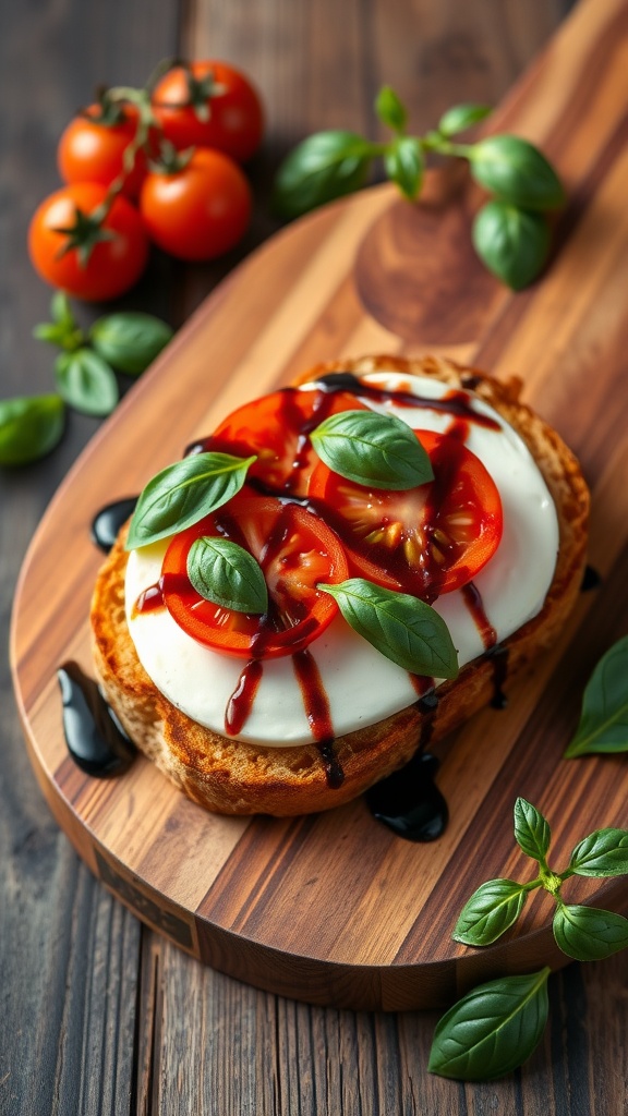 Caprese sandwich with fresh mozzarella, tomatoes, basil, and balsamic glaze.