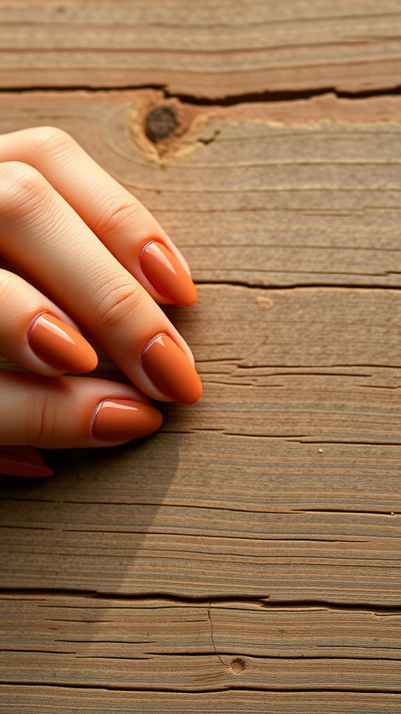 Close-up of a hand with caramel brown matte finish nails resting on a wooden surface.