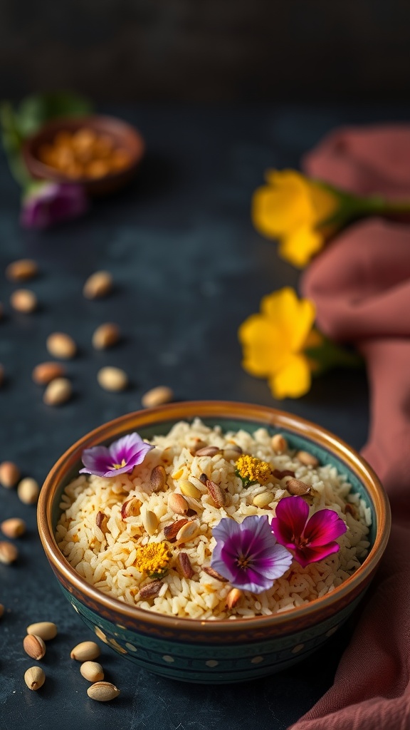 A bowl of cardamom-infused sweet rice garnished with nuts and flowers.
