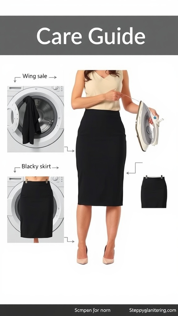 Care guide for a black pencil skirt, showing washing, drying, and ironing steps.