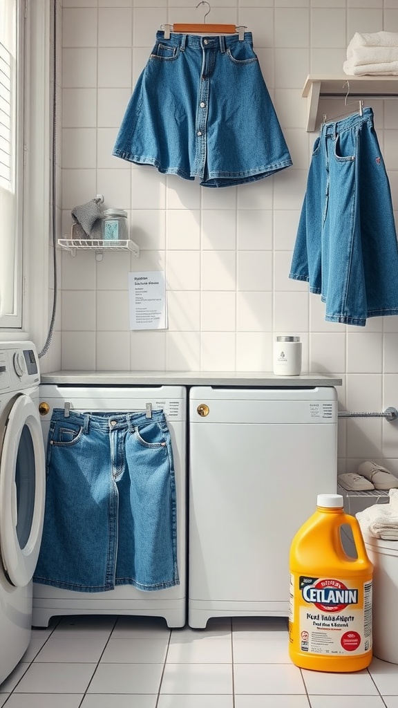 A pair of denim mini skirts hanging above a washing machine, showcasing care and maintenance tips for denim clothing.