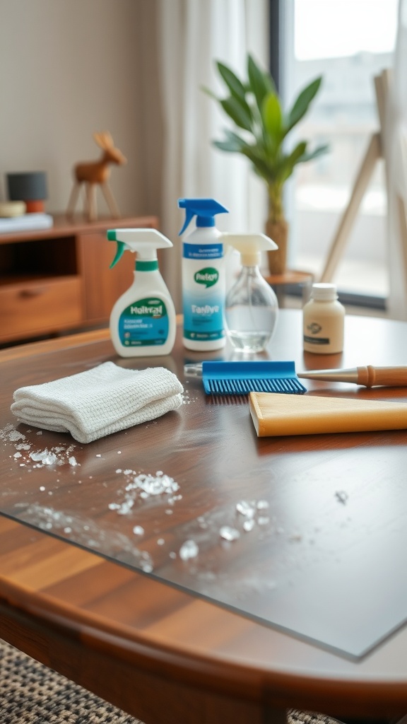 Cleaning supplies and tools for maintaining a mid-century modern coffee table