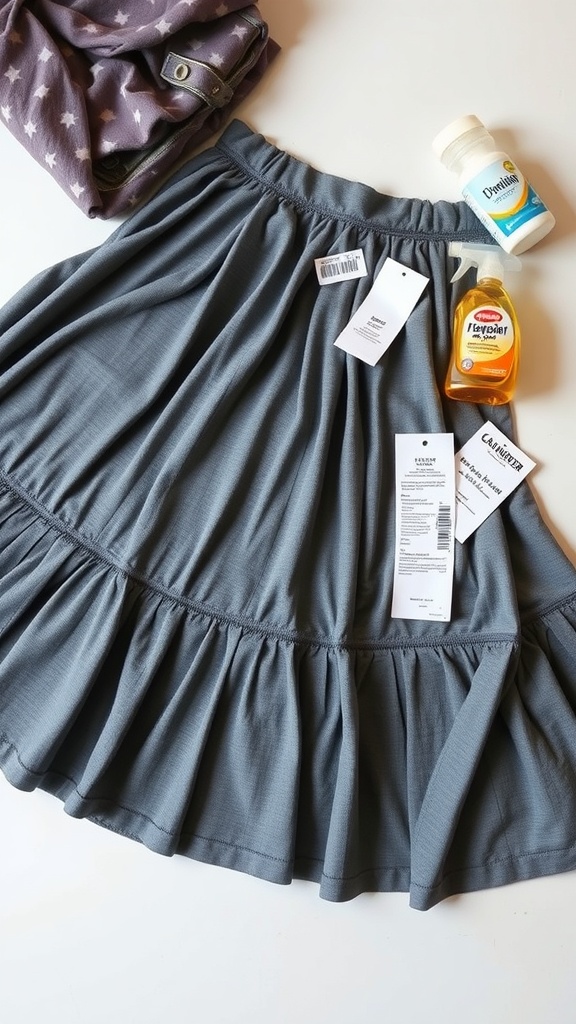 A gray A-line skirt with care instructions and laundry essentials